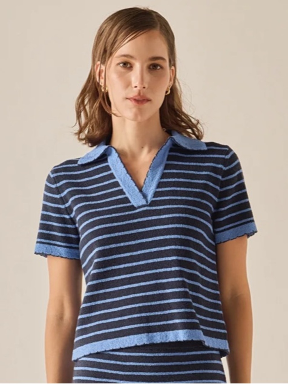 English Factory Striped Polo Scallop Hem Sweater